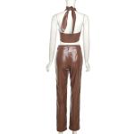 Brown Two Piece Casual Set Sexy Halter Vest Slim Straight Trousers Suit