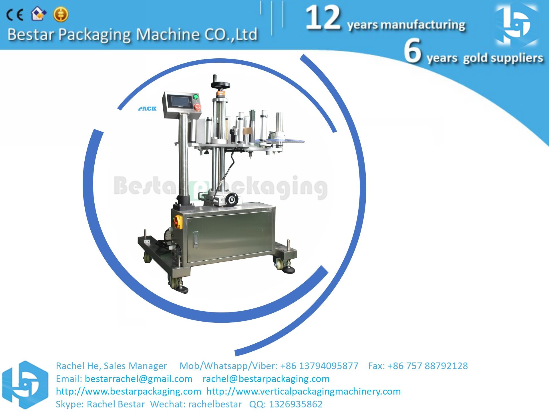 Double sides sticker on flat bottle automatic labeling machine