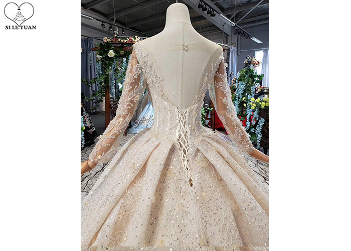 Long Sleeeve Ladies Bridal Gown Special Lace Sequins Fabric Big Long Tail