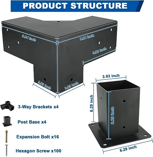 4 inch Black Powder Coating Metal Wood DIY Pergola Hardware Kit for Heavy Duty Gazebo