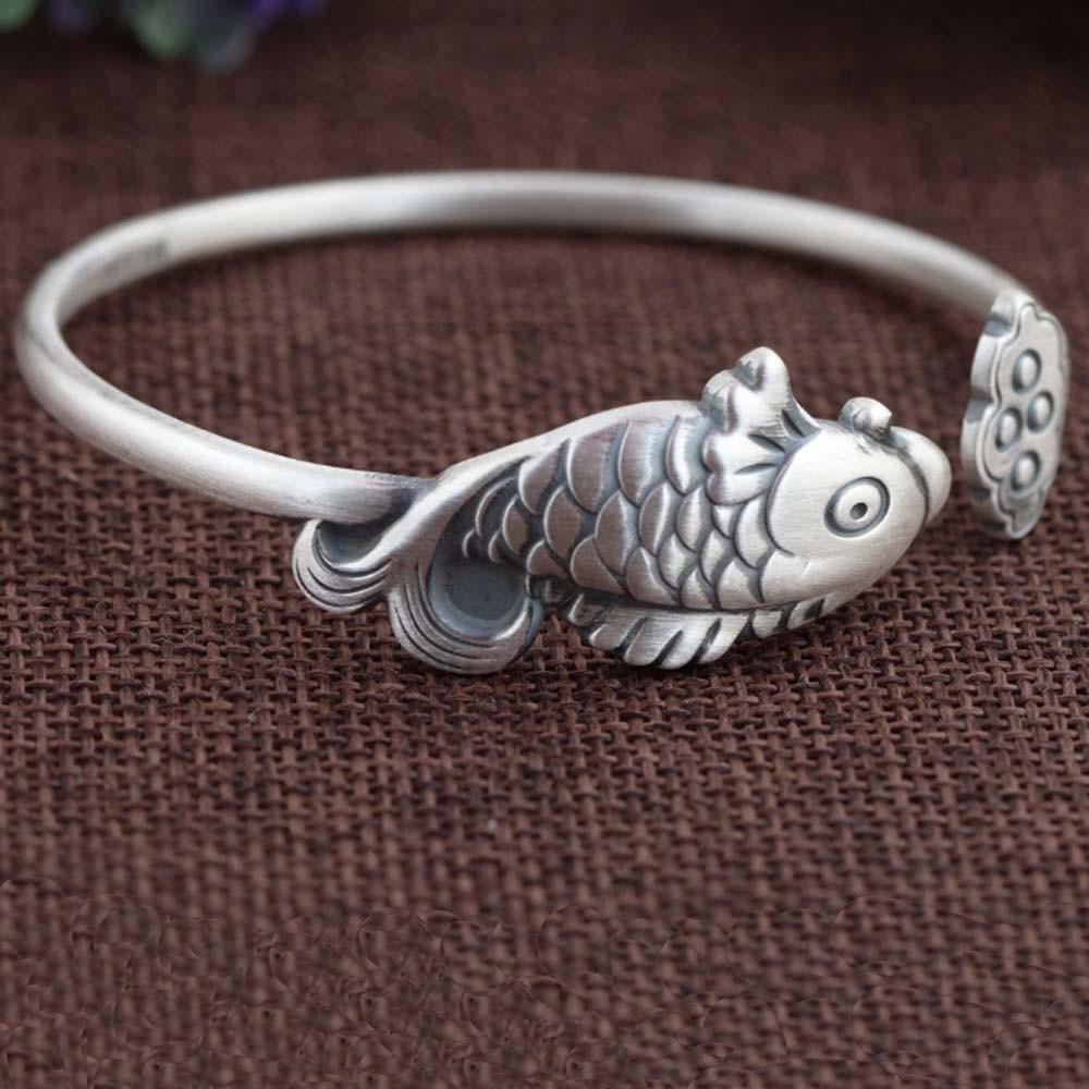 Sterling Silver Fish Design Engraved Retro Cuff Bracelet for Women (SZ0309)