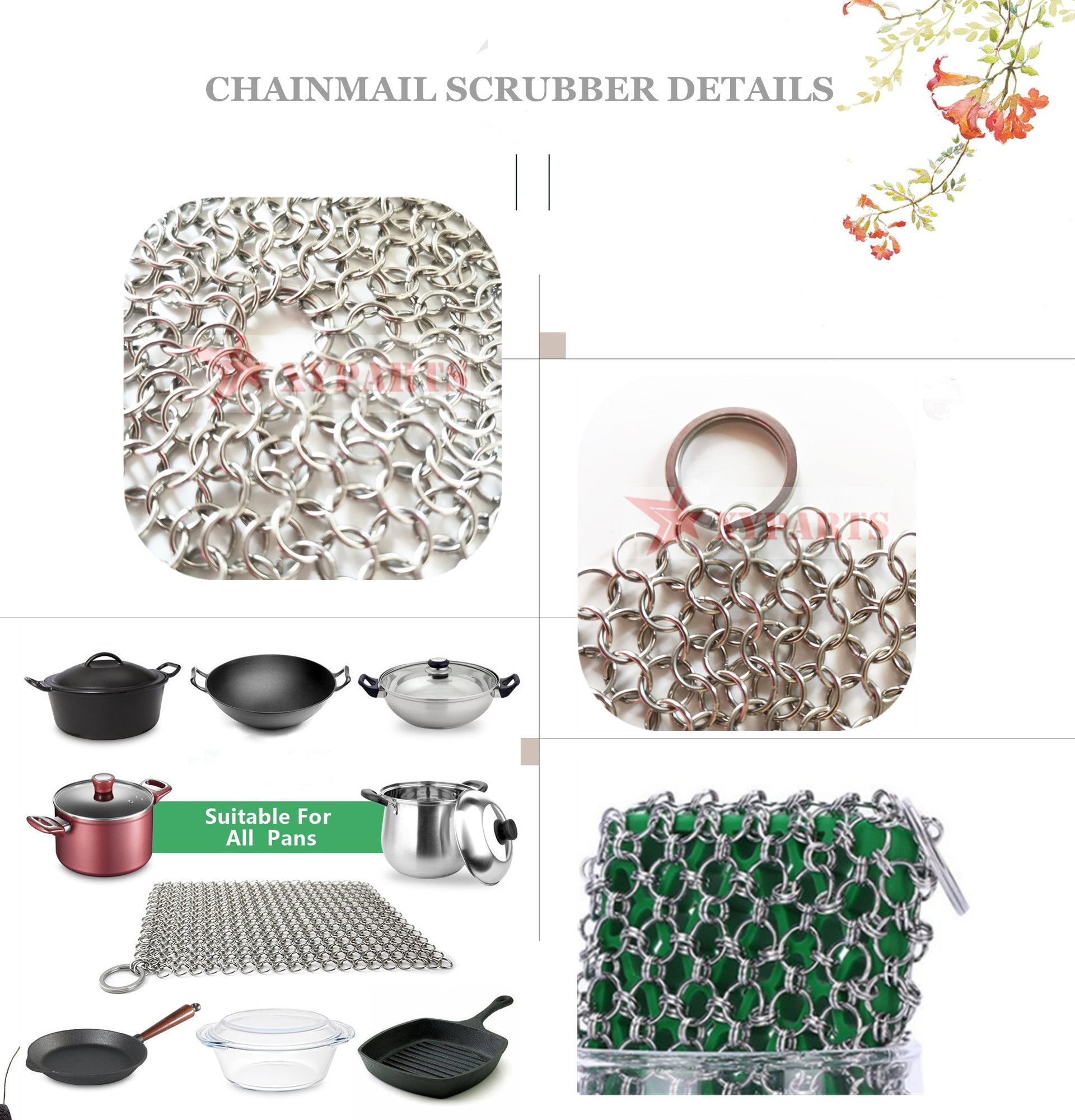 Food Grade Stainless Steel Chain Mail Scrubber Pot Dishes Pan Cleaner For Cookware