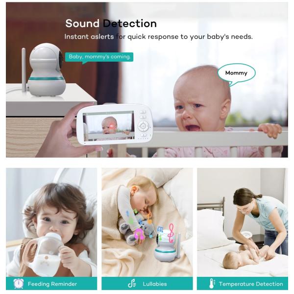 5 Inch HD Baby Monitor with 360° Camera and 5000mAh Battery