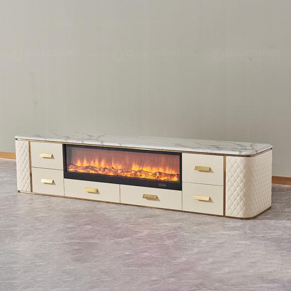 White Beige MDF Stainless Steel TV Stand 78 Inch Faux Stone Media Unit 4 Doors