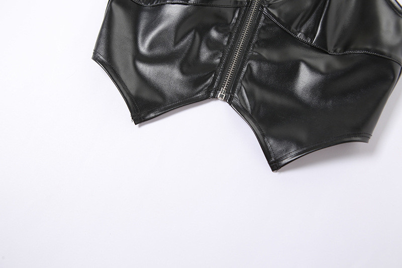 Ladies Lace Up Halter Neck Zipper Black Leather Tank Top