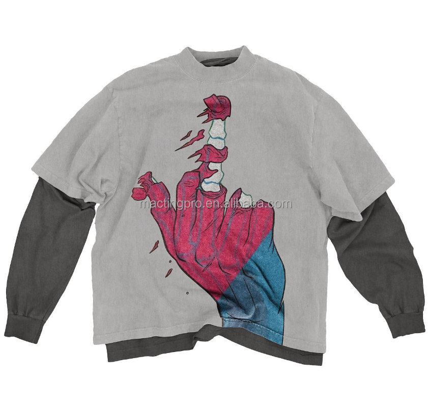 O-Neck Collar Double Layered Long Sleeve T-shirt for Unisex Distressed Vintage Washed