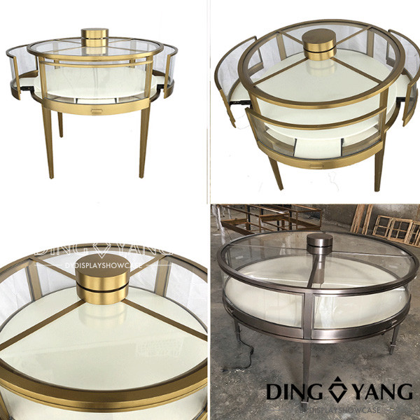 Round Glass Lockable Lighted Jewelry Display Cases