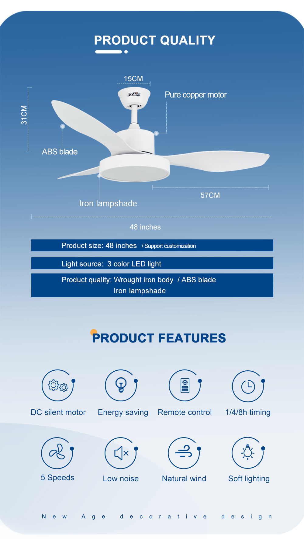 48" AC/DC Copper Motor Ceiling Fan with Remote Control and Natural Wind Function