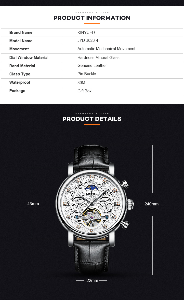 KINYUED New Style Watches Men Luxury Watch Movement Mechanical Watch Mechanical Tourbillon