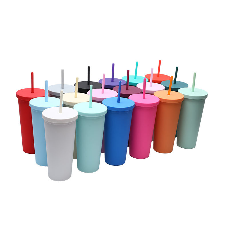 710ml Double Wall Plastic Tumbler Bulk Reusable Skinny 24 Oz Acrylic Tumbler With Lid And Straw For Water Iced Coffee Tea Soft Touch Finish