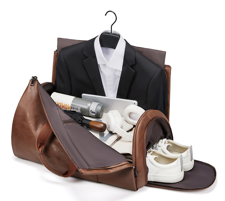 Outdoor PU Leather Travel Duffle Bag Brown With Separate Shoe Compartment