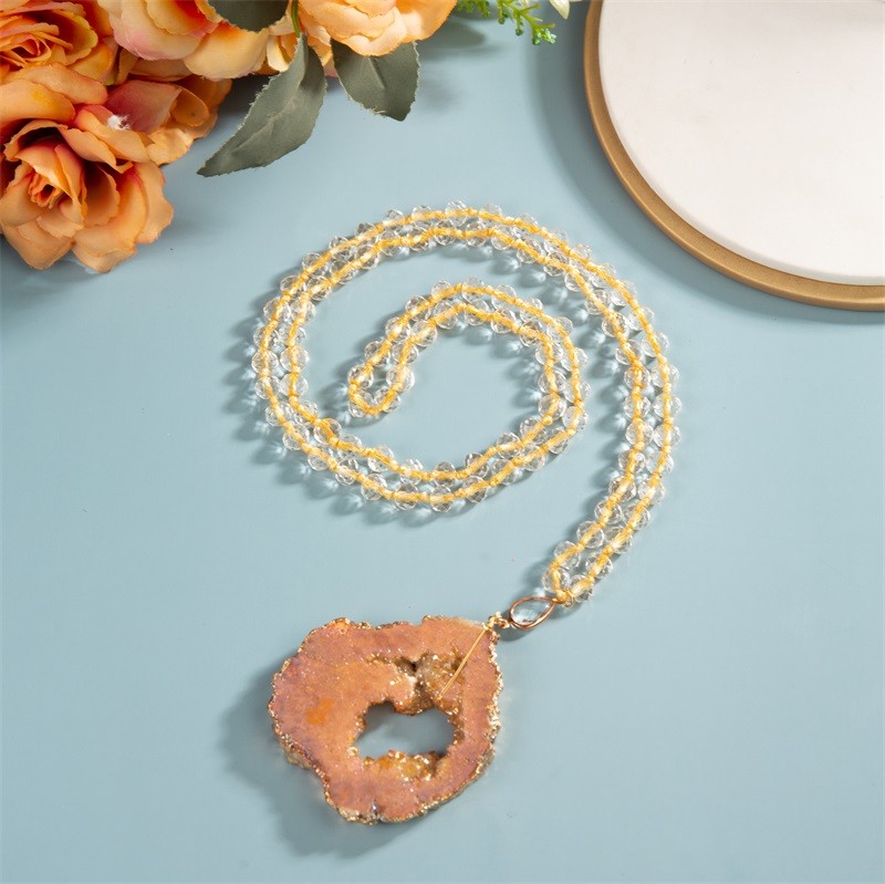 Orange Druzy Gold Edge Pendant Multicolor Beaded Necklace Handmade Semi Precious