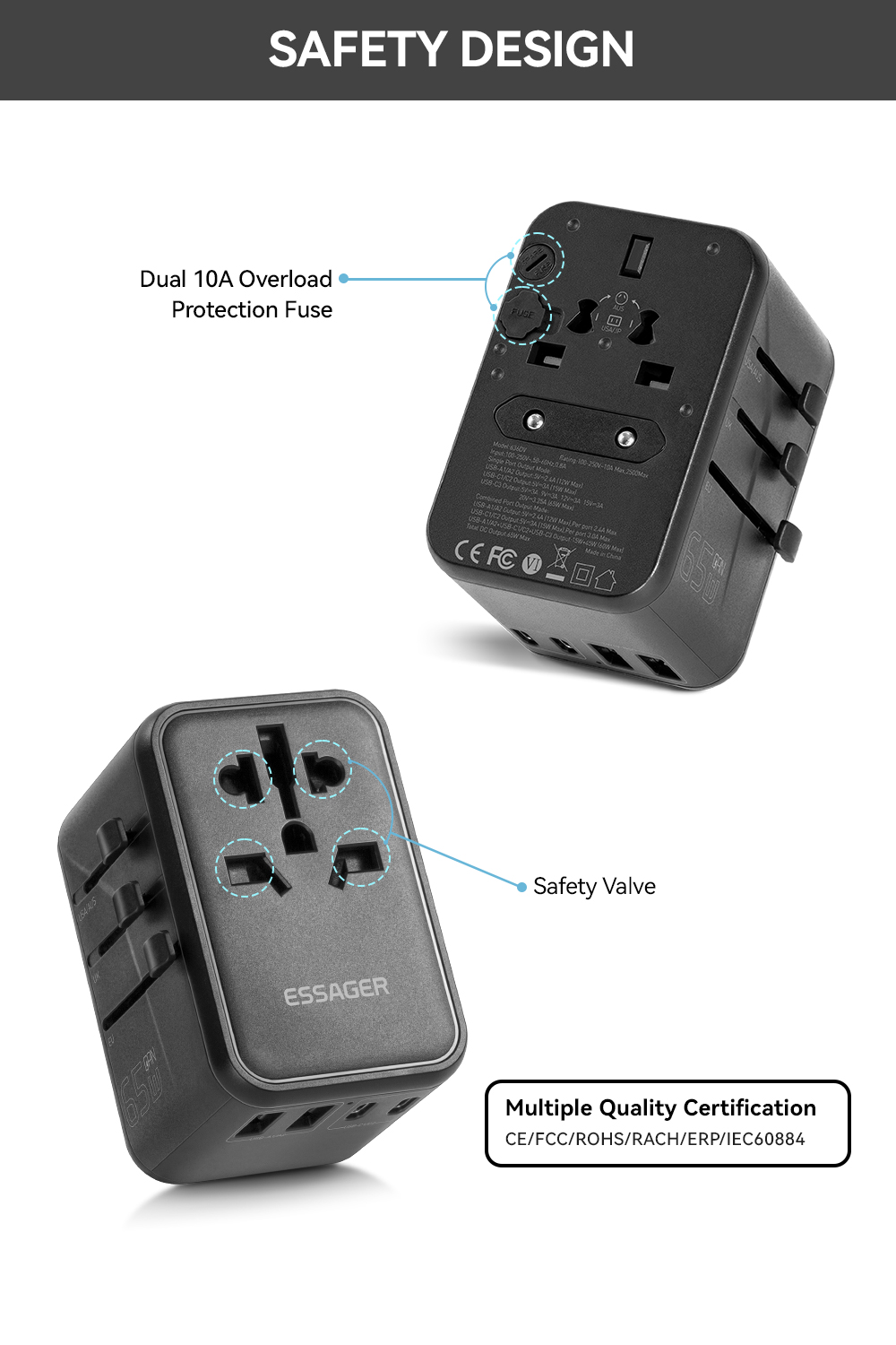 Essager 2023 Travel New Product Phone Accessories Quick Charging 3 USB-C 2 USB-A Portable Travel 65w Charger