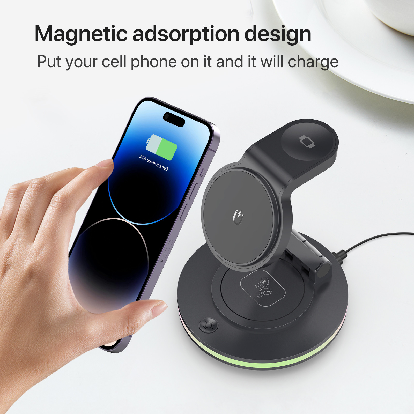 4 In 1 Magnetic Rotary Wireless Charging Station Foldable Stand PD/QC Input CE/FCC/RoHS Certified
