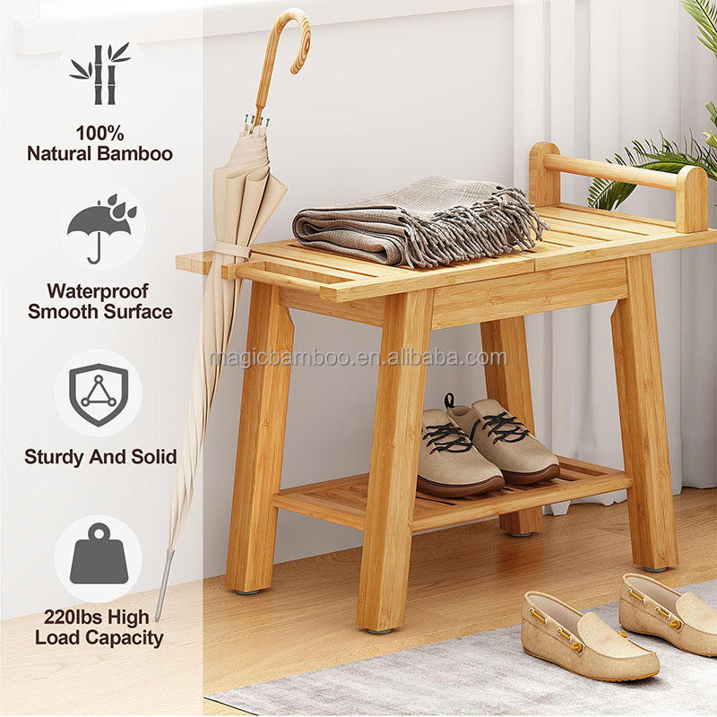 Eco-friendly 2-Tier Bamboo Shower Bench with Storage Shelf Natural Bamboo Color Spa Stool
