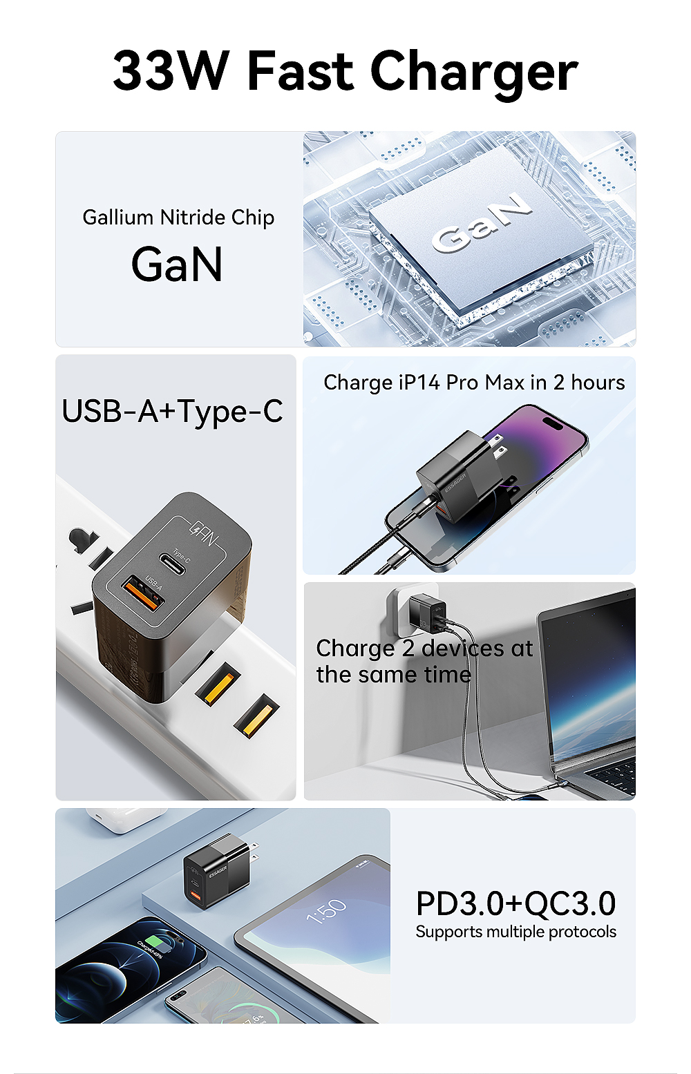 High Power GaN Chargers USB A Type C Double Port Quick Charging PD Wall Charger 33W