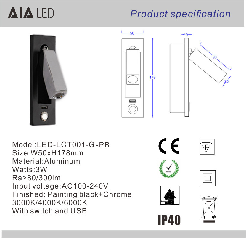 impaction hotel wall light with usb port 3W usb book lighting rechargeable headboard led bed wall light