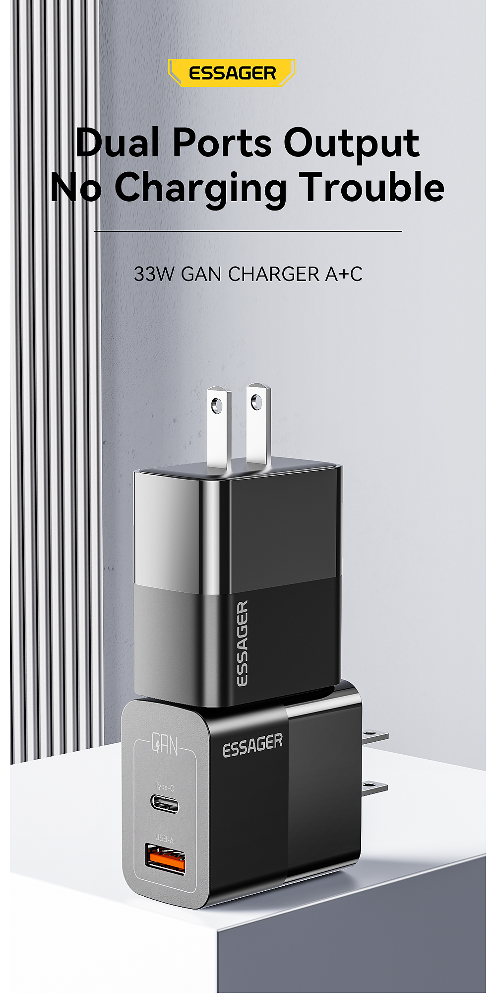 High Power GaN Chargers USB A Type C Double Port Quick Charging PD Wall Charger 33W