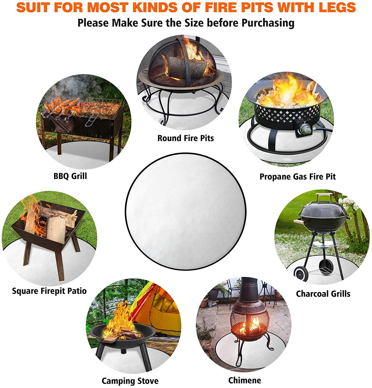 Fire Pit Mat Fireproof Grill Mat Round 24'' 30'' 32'' 36'' 38' 40'For Home Outdoor Patio Wood Burning Stove Campsite