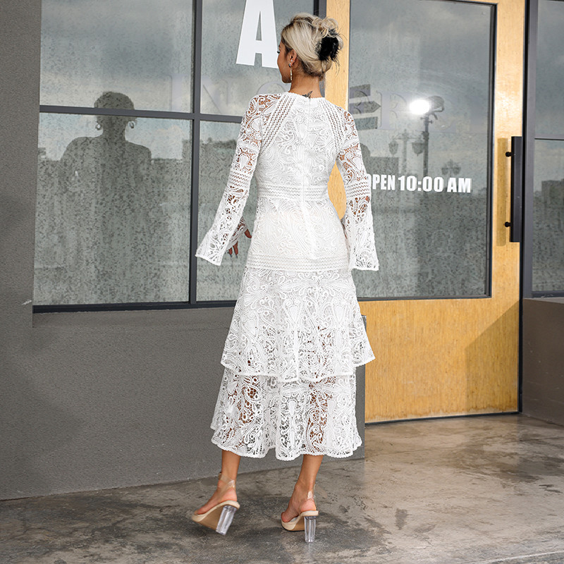 High Neck Ladies Lace Dresses Balloon Long Sleeve Lace Up Dress With Elastic Cuffs