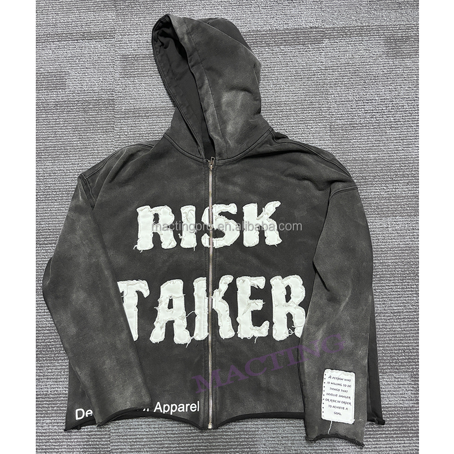 Custom Distressed Patch Embroidery Vintage Applique Men's Cropped Stone Acid Washed Hoodie