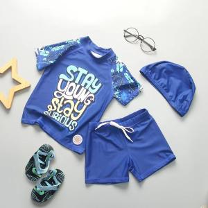 China Carton Picture Boys Swimwear Sets Nylon Split Boys Swimming Suit With Hat UPF50++ wholesale