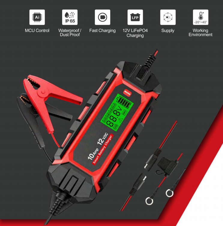 IP65 12V 10A Portable Car Battery Charger With 1M Cable Length And Jump Starting