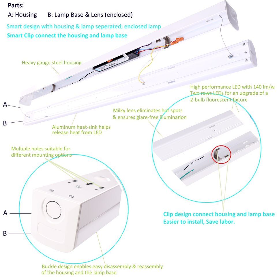 4000K Office Surface Mounted 34W 4FT LED Linear Strip Lighting Fixture with SMD2835