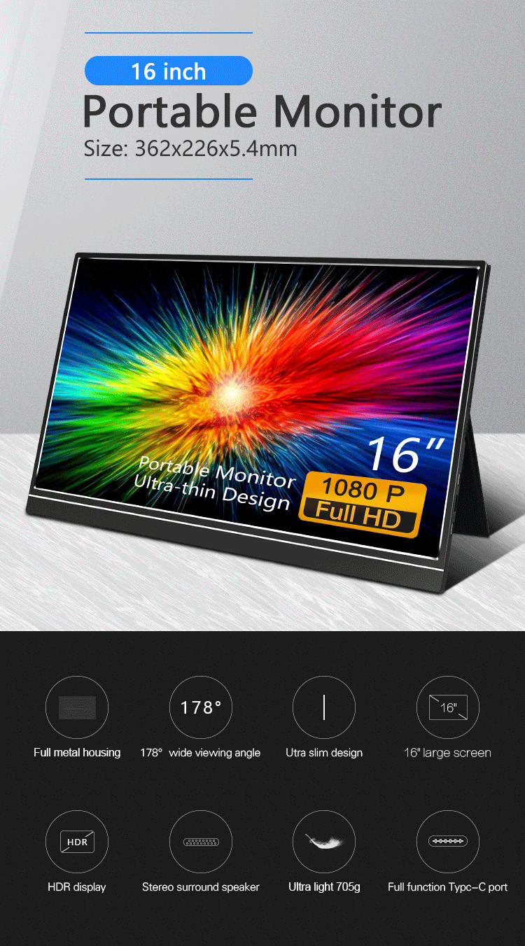 300cd/M2 Brightness 60Hz Refresh Rate 16 Inch Portable Monitor For Laptop