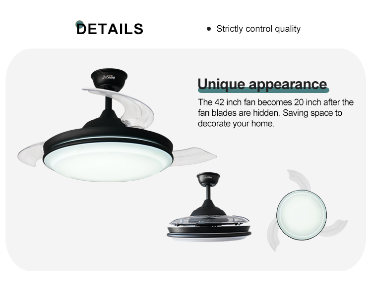 230V Decorative Lighting Retractable LED Ceiling Fan with Dimmer Support 42 Inch Size