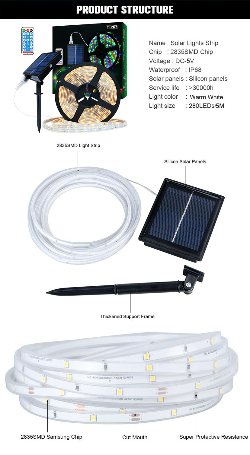Garden Christmas Outdoor Strip Lights Solar CCT 3000K Length 5M