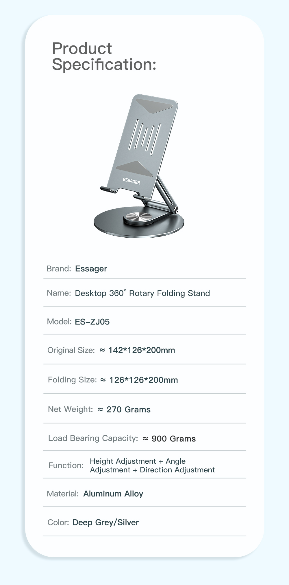 Cyclone Grey Desktop Phone Tablet Holder Stand 360 Rotating Folding