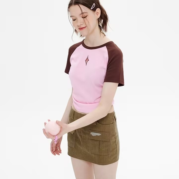 Customized American Retro Street Stitching Contrast Color Y2K T-Shirt Summer for Women