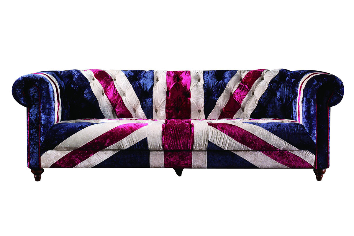Velvet Union Jack Three Seater Leather Sofa Hand Work Craft Fabric Buttons