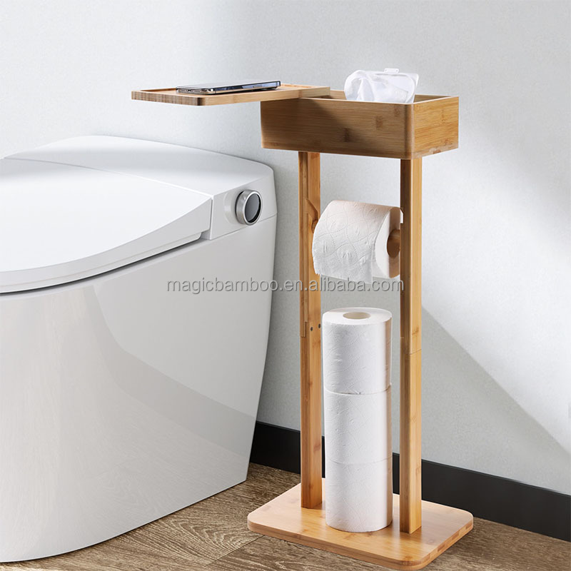 Freestanding Bathroom Storage Rack Bamboo Toilet Roll Holder For Paper