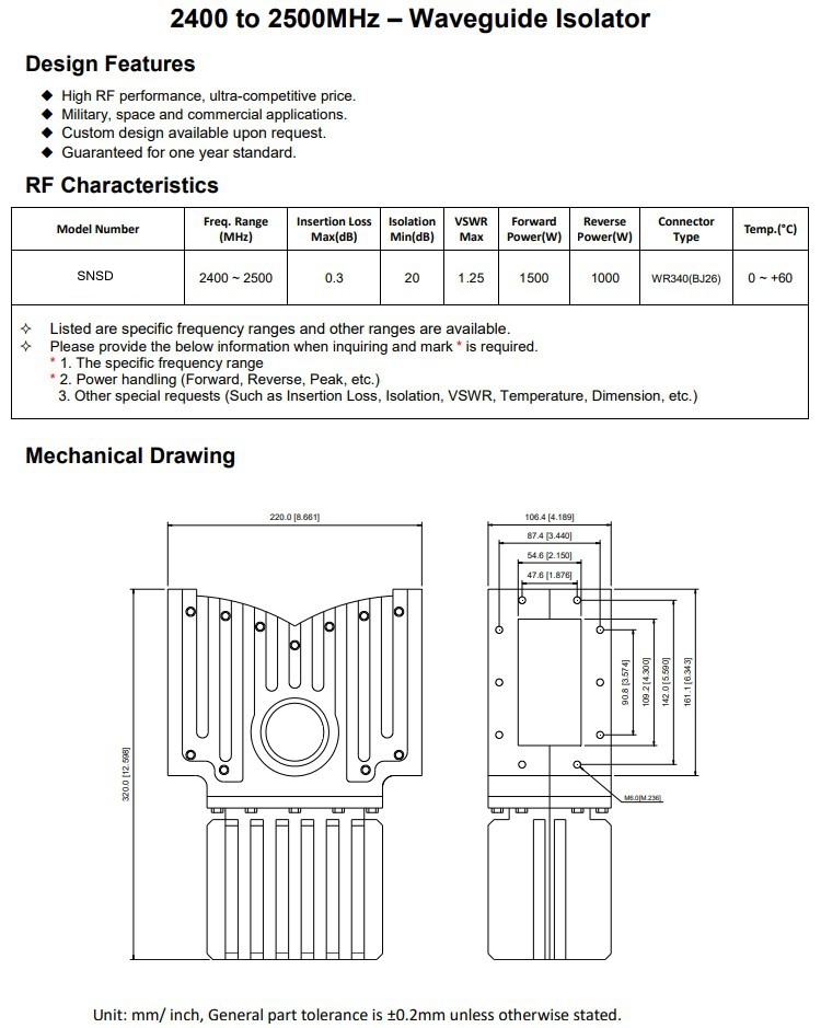 Uhf 2450mhz Wr340 Bj26 Rf Waveguide Isolator Customized Microwave Components