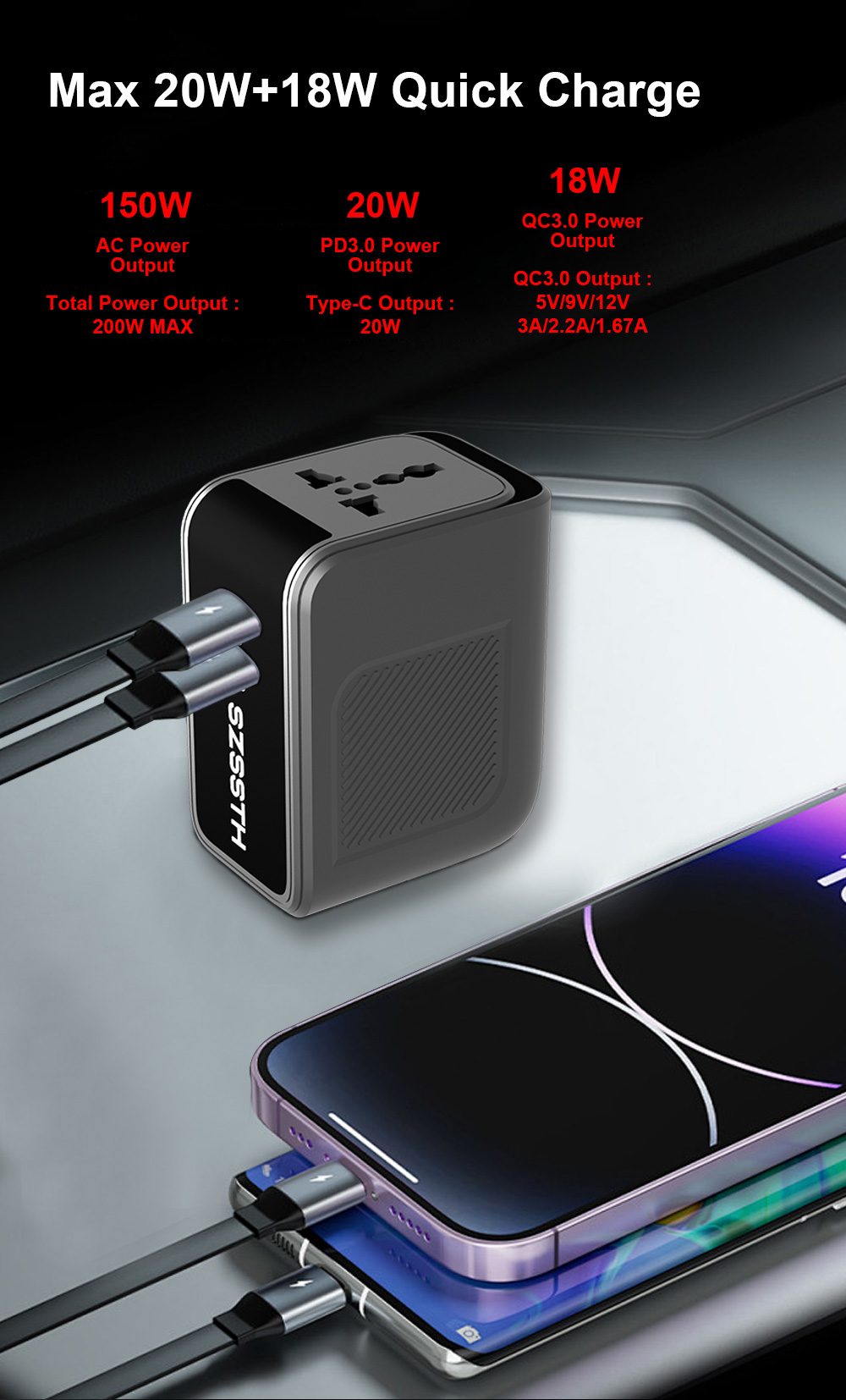 60*30*120MM Portable 150W 12v 220v Ac to Dc Modified Sine Wave Small Mini Car Plug Charger Power Inverter with Usb Type C