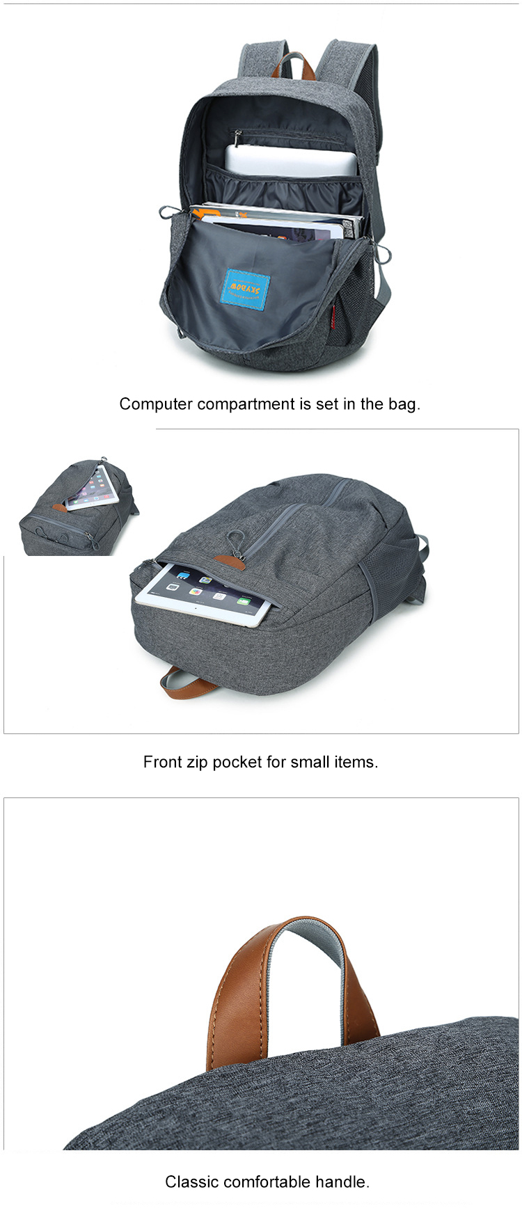 Soft Handle Modern Mens Backpack Waterproof Travel Bags Interior Zipper Pocket