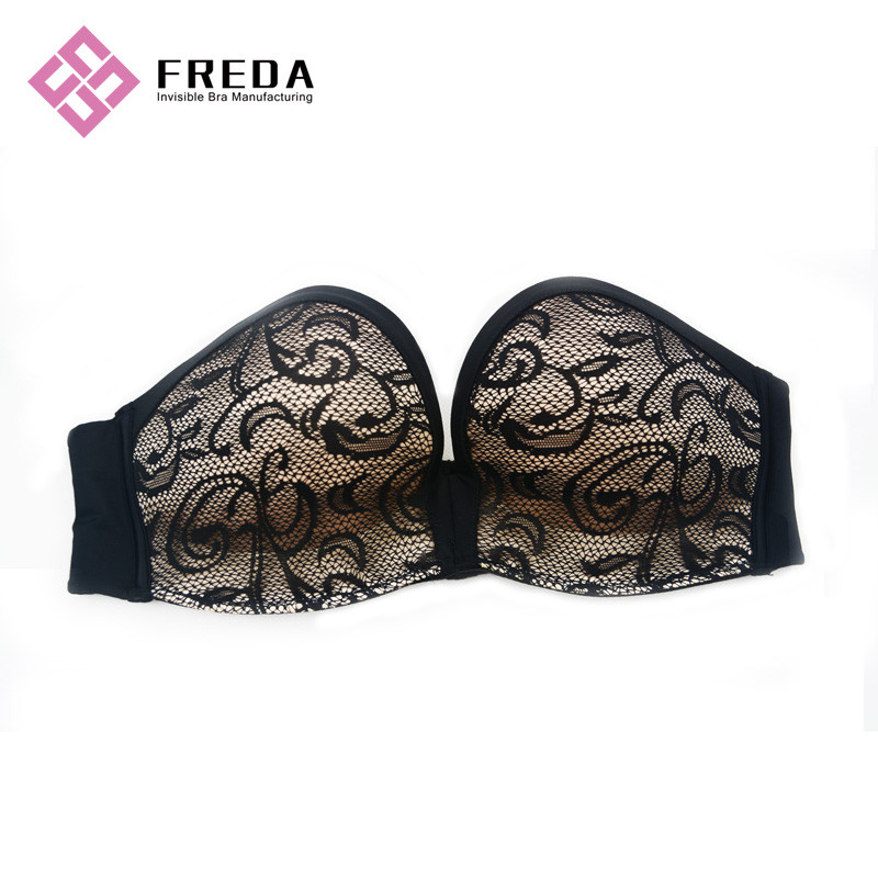 Full Cup Black Lace Body fitted Strapless Backless Sticky Bra  