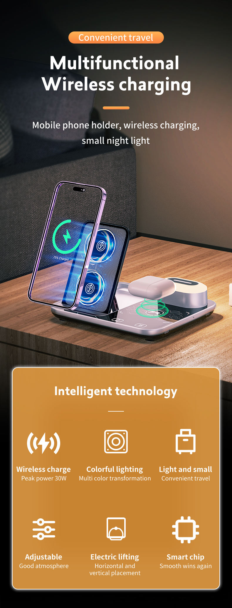 Multifunctional Wireless Charger for Earbuds and Phone 3 In 1 Desktop Fast Charging Station Input 9V/2A Size 165x141.3x13mm