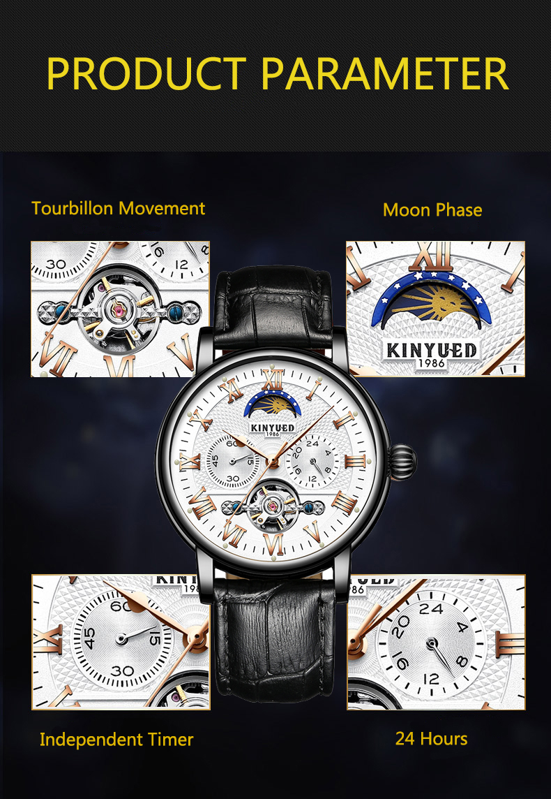 Luxury Brand KINYUED Watches Tourbillon Automatic Movement With Moon Phase Mens Automatic Mechanical Watch