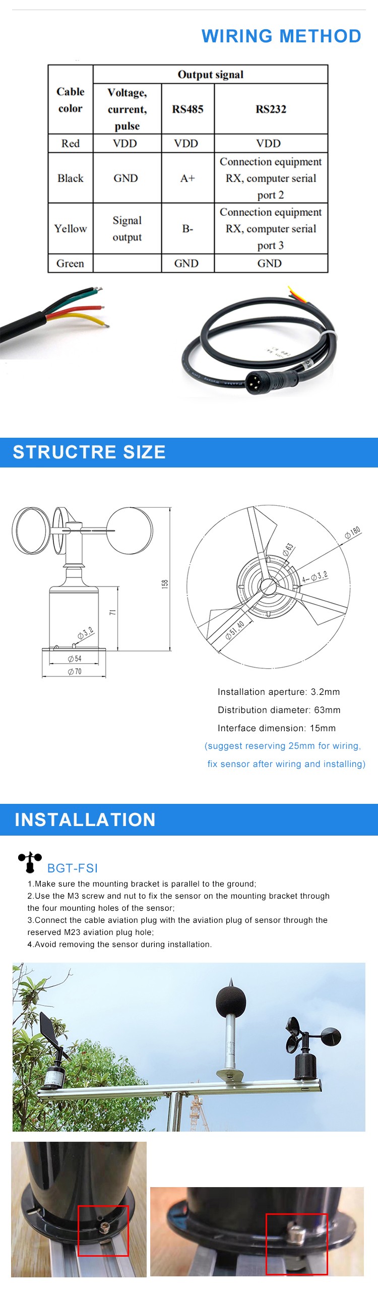 Wind Speed Measuring Anemometer with High Accuracy ± 0.4±0.03V m/s and 0.8M Cable Length