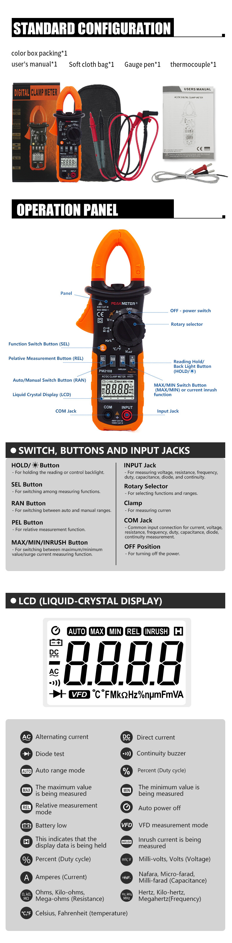 AC/DC Digital CLamp Meter With Ammeter , Voltmeter ,Double Mold，Diode Test，Ohmmeter Measurement