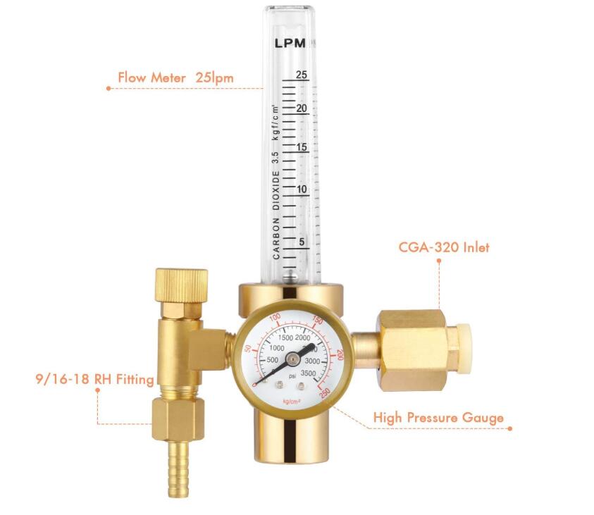 CO2 Gas Regulator Full Copper Flowmeter for Mig Welding Brass Yellow Valves Included