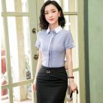 Short Sleeve Ladies Office Dresses / Summer Elegant Waist Tie Round Collar Women