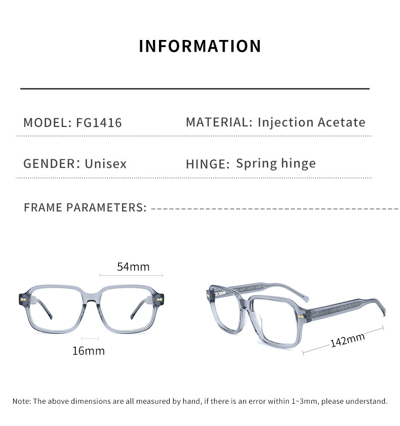CNC Milling Square Acetate Material Glasses Gray Clear Lens Thick