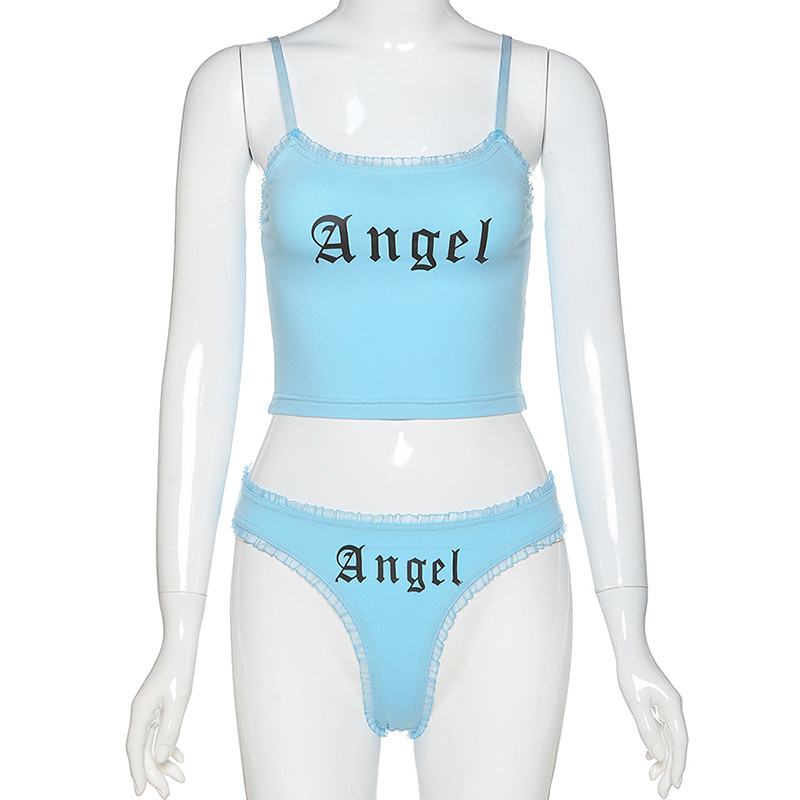 Two Piece Sexy Girls Angel Underwear Set Black Letter Printing