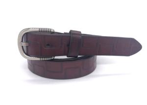 China Brushed Gunmetal Real Leather Belt Womens Embossed Labyrinth Pattern wholesale