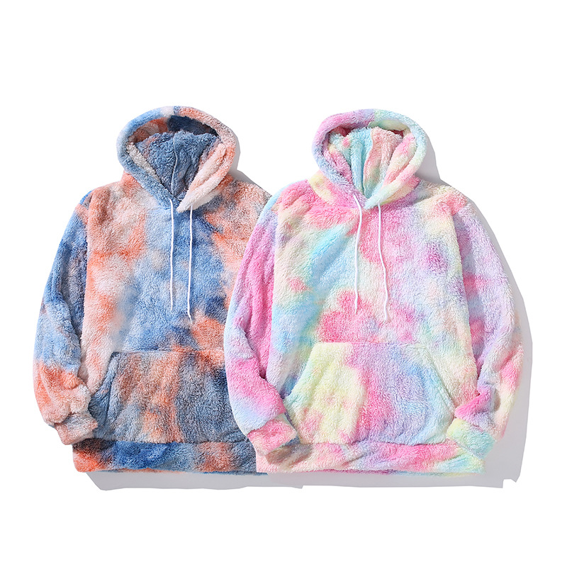 Knitted Weaving Method Tye-Dye Hoodies For Men With Faux Fur Fashion