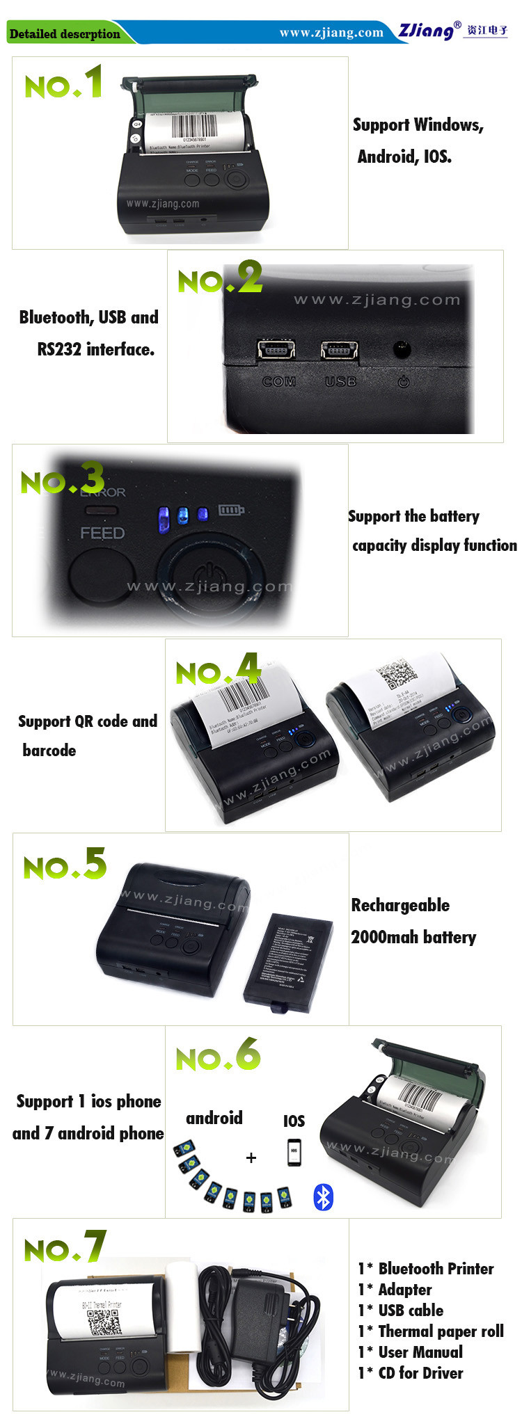 ZJ8001 BT4.0 80mm Portbale Mini Thermal Printer For Bill Printing